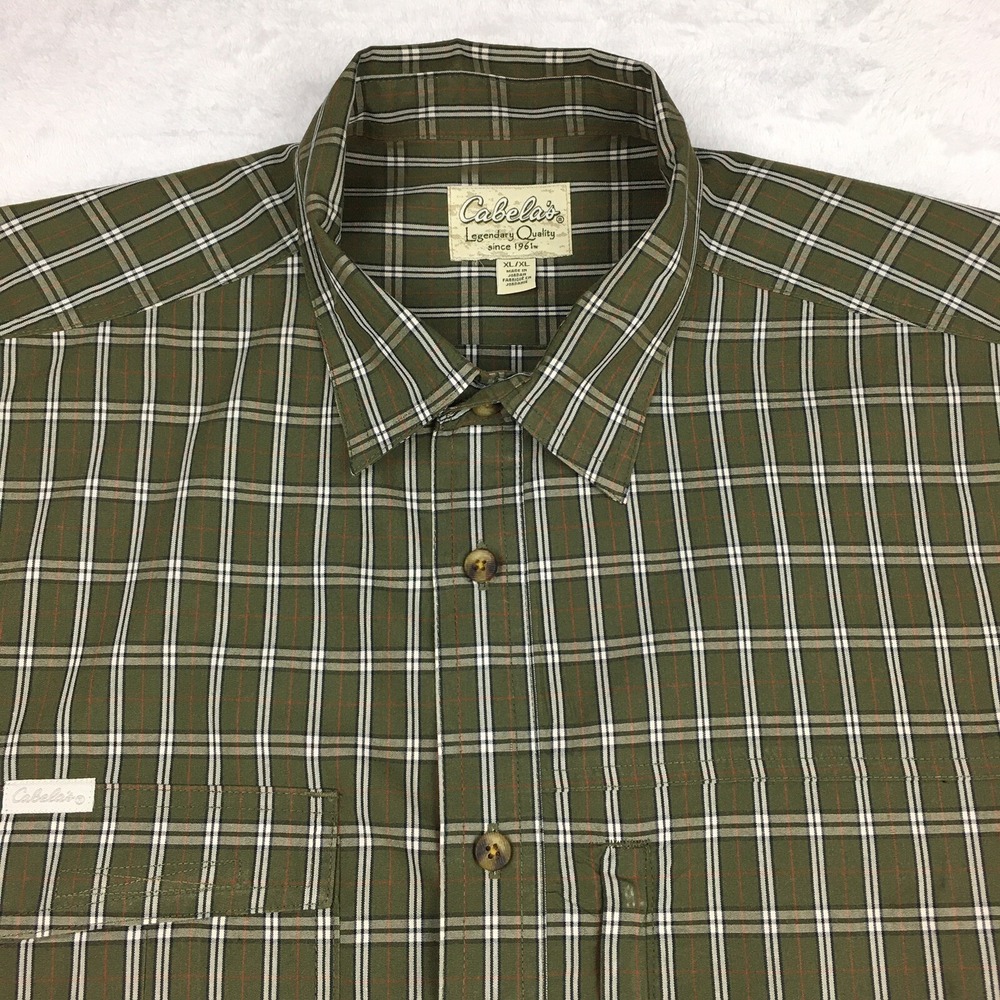 Cabelas Shirt Mens XL Green Plaid‎ Long Sleeves Zip Pocket Sleeve Garters